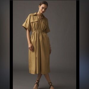 New Anthropologie Maeve Tobin Utility Shirt Dress Khaki Brown Taupe Cuffs Midi S